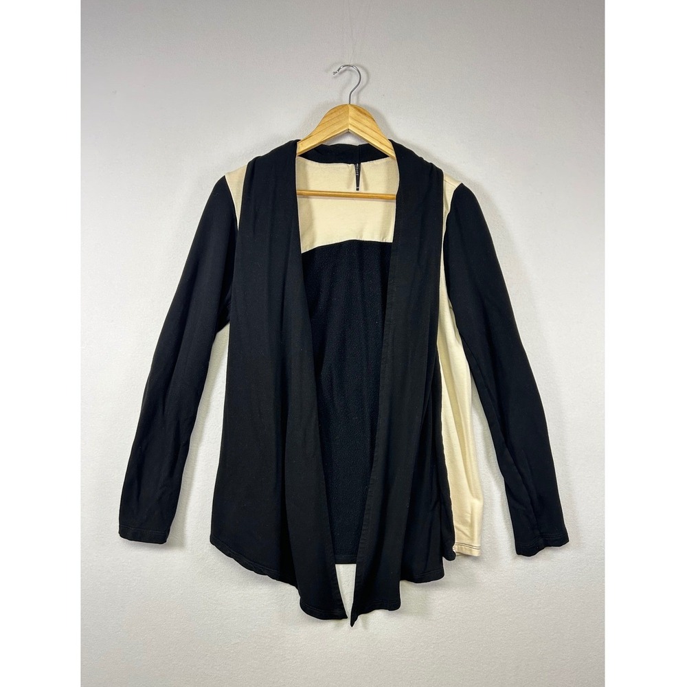 Modern Layering Open Front Cardigan Women S Black Cream Colorblock Bamboo Rayon